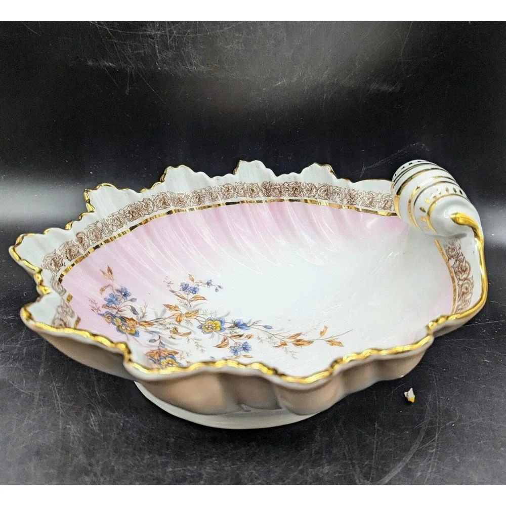 Antique Pink Hand Painted German Porcelain Seashell Serving Bowl Flowers 9.5